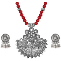 JFL - Jewellery for Less Peacock Collection Onyx Stone Necklace Set for Women (Maroon),Valentine