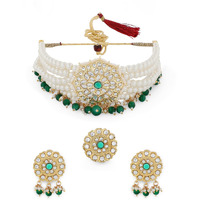 ZAVERI PEARLS Green Beads & Pearls Beaded Multistrand Kundan Choker Necklace Earring & Ring Set For Women-ZPFK11247