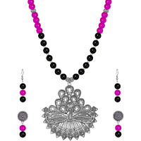 JFL - Jewellery for Less Silver Plated Peacock Collection Pink and Black Onyx Stone Necklace Set for Women,Valentine