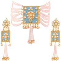 I Jewels 18K Gold Plated Traditional Padmavati Pearl & Kundan Meenakari Necklace Jewellery With Earrings For Women (ML118SB)