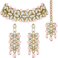 Peora Traditional Gold Plated Kundan Pink Faux Pearl Bridal Choker Necklace Jewellery Set with Earring Maang Tikka for Women Girls