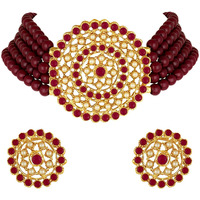 Peora Gold Plated Pearl Diamond Kundan Choker Necklace with Round Earrings Traditional Jewellery Set For Womens
