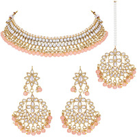 Peora 18K Gold Plated Kundan Pearl Choker Necklace Earring Mang Tikka Traditional Jewellery Set for Women Wedding Fancy Wear (Peach)