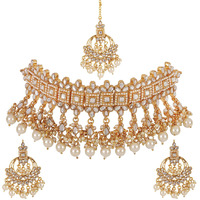 Shining Diva Fashion Latest Choker Design Traditional Pearl Kundan Necklace Set For Women Gold Plated Jewellery Set for Women (White) (11267s)