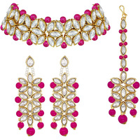 Peora Traditional Gold Plated Brass Alloy Kundan Pearl Bridal Choker Necklace Jewellery Set with Earring Maang Tikka for Women Girls