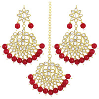 Peora Gold Plated Kundan Pearl Chandbali Earring with Maang Tikka Set Jewellery for Womens