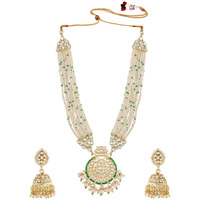 I Jewels 18k Gold Plated Traditional Multistrand Pearl Kundan Studded Necklace Jewellery Set For Women (ML307G)