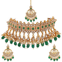 Shining Diva Fashion Latest Choker Design Traditional Pearl Kundan Necklace Set for Women Gold Plated Jewellery Set for Women (Green) (11266s)