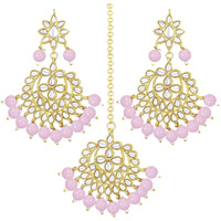 Peora Womens Gold Plated Kundan Faux Pearl Chandbali Earring, Maang Tikka Set