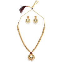 ZAVERI PEARLS Pink & Green Stones Peacock Inspired Ethnic Necklace & Earring Set For Women-ZPFK9553