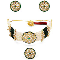 ZAVERI PEARLS Green Kundan Clustered Pearls Choker Necklace Earring & Ring Set For Women-ZPFK11228
