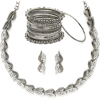 ZENEME Silver Plated Oxidised American Diamond Studded Necklace With Earring and Bangle Jewellery Set For Women and Girl (Black, 2.6) (Style_02, 2.8 Inches)