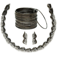 ZENEME Silver Plated Oxidised American Diamond Studded Necklace With Earring and Bangle Jewellery Set For Women and Girl (Black, 2.6) (Style_01, 2.4 Inches)