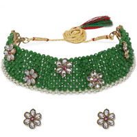 ZAVERI PEARLS Crystal Shine Green Beads & Kundan Flowers Necklace & Earring Set For Women-ZPFK9817