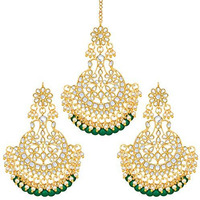 Peora Gold Plated Bridal Kundan Blue Faux Beads Earring Maang Tikka Set Indian Traditional Jewellery for Women Girls