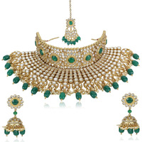 Shining Diva Fashion Latest Kundan Design Bridal Choker Necklace Set for Women Traditional Jewellery Set for Women (Green) (10558s)