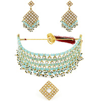 ZAVERI PEARLS Green Beads Traditional Kundan Choker Necklace Earring & Ring Set For Women-ZPFK11064