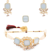 ZAVERI PEARLS Grey Stones & Beads Multistrand Pearls Choker Necklace Earring & Ring Set For Women-ZPFK14820