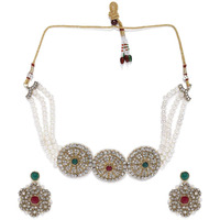 ZAVERI PEARLS Shimmering Austrian Diamonds Studded & Multi Pearl Strands Choker Necklace Set For Women-ZPFK8594