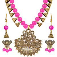 JFL - Jewellery for Less Womens Handcrafted Gold Peacock Beaded Necklace Set with Adjustable Thread and German Silver Oxidized Earrings (Pink) -Combo of 2,Valentine