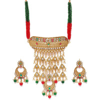 ZAVERI PEARLS Green Red Stones & Beads Traditional Choker Necklace & Earring Set For Women-ZPFK9976