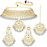 Peora Gold Plated Kundan Faux Pearl Choker Necklace Earring Maang Tikka Traditional Jewellery Set for Women Girls