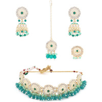 ZAVERI PEARLS Green Bead Drops Dazzling Diamonds Choker Necklace Earring Maangtikka & Ring Set For Women-ZPFK14397