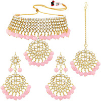 Peora Gold Plated Kundan Faux Pearl Choker Necklace Earring Maang Tikka Traditional Jewellery Set for Women Girls