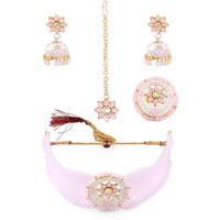 ZAVERI PEARLS Pink Multistrand Choker Necklace Earring Maangtikka & Ring Set For Women-ZPFK11474