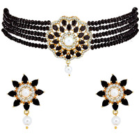 ZENEME Necklace Gold Plated American Diamond Choker Necklace Beaded With Earring Set Jewellery Set for Women & Girls (Black)