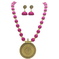 MDS Fashions Silk Thread Beads with Antique Chakra Necklace and Earrings Set for Beautiful Women (MDS-1046) (Magenta)