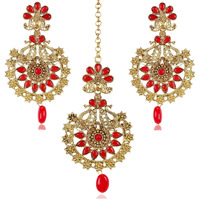 Shining Diva Fashion Latest Stylish Gold Plated Peacock Traditional Maang Tikka Earrings Jewellery Set for Women (Red, 10164mter)