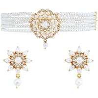 ZENEME Necklace Gold Plated American Diamond Choker Necklace Beaded With Earring Set Jewellery Set for Women & Girls (Pearl)