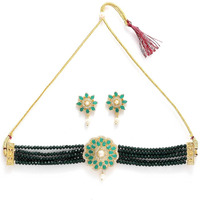 ZENEME Necklace Gold Plated American Diamond Choker Necklace Beaded With Earring Set Jewellery Set for Women & Girls (Green)