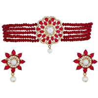 ZENEME Necklace Gold Plated American Diamond Choker Necklace Beaded With Earring Set Jewellery Set for Women & Girls (Maroon)