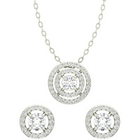Clara 925 Sterling Silver Rhodium Plated Halo Pendant Earring Necklace Set With Chain Gift for Women and Girls