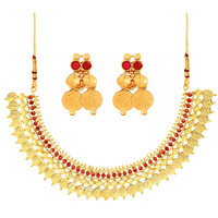 ZENEME Jewellery Set Gold Plated Temple Coin Traditional Maa Lakshmi Necklace Set With Earring Jewellery for Women & Girls (Red)