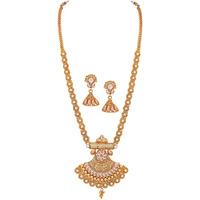 JFL - Jewellery for Less Latest Cz Design Long Haram Bridal Necklace Set for Women and Girls (Gold),