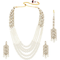 Peora Pearl Kundan Bridal Long Necklace with Earring Maang Tikka Traditional Jewellery Set for Women