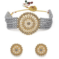 I Jewels 18K Gold Plated Traditional Light Weight Crystal Stone Beaded Choker Necklace Jewellery Set Glided with Moti Work (ML239Gr)