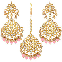 Peora Traditional Jewellery 18K Gold Plated Kundan & Pearl Maang Tikka Earring Set for Women Girls (Pink-2)