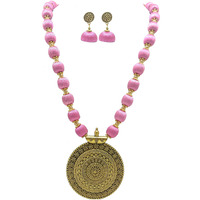 MDS FASHIONS Silk Thread Beads with Antique Chakra Necklace and Earrings set for Beautiful Women (MDS-1046) (LightRose)
