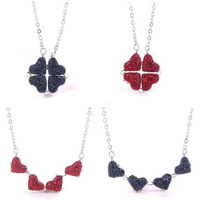 Grab Classy Stainless Steel 2 in1 Four Heart Necklace Both sides magnetic heart clover pendant for Valentines Day gift (Red)