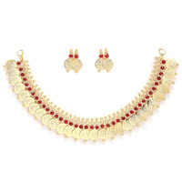 ZENEME Jewellery Set Gold Plated Traditional Red Temple Coin Necklace Set With Earrings Jewellery For Women & Girls