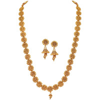 JFL - Jewellery for Less Traditional One Gram Gold Plated Long Haram Temple Jewellery Floral Necklace Set with Jhumka,Valentine