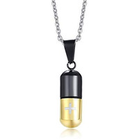 Asma Jewel House Openable Pill Capsule Perfume Bottle Cremation Ash Urn Medical Holder Pendant Necklace Chain For Men/Boys (BlackGold)