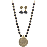 MDS FASHIONS Silk Thread Beads with Antique Chakra Necklace and Earrings set for Beautiful Women (MDS-1046) (Black)
