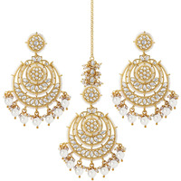 Peora Gold Plated Kundan Studded Chandbali Earrings With Maang Tikka Jewellery Set For Women
