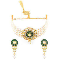 ZAVERI PEARLS Green Meenakari Multistrand Pearls Kundan Choker Necklace & Earring Set For Women-ZPFK11006