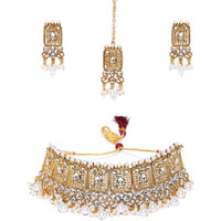 ZAVERI PEARLS Antique Gold Tone Kundan And Pearls Choker Necklace Set For Women-ZPFK8965